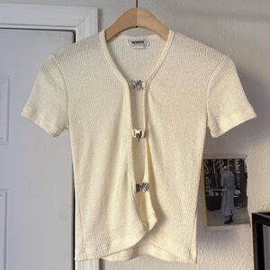 NEXXEN vintage cream ivory rib ribbed stretchy butterfly clasp silver baby top